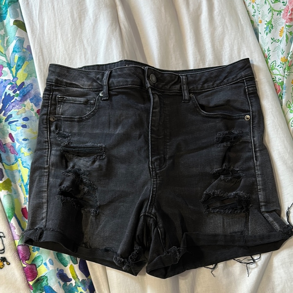 American Eagle Super Hi-Rise Shortie Distressed Black Denim Shorts